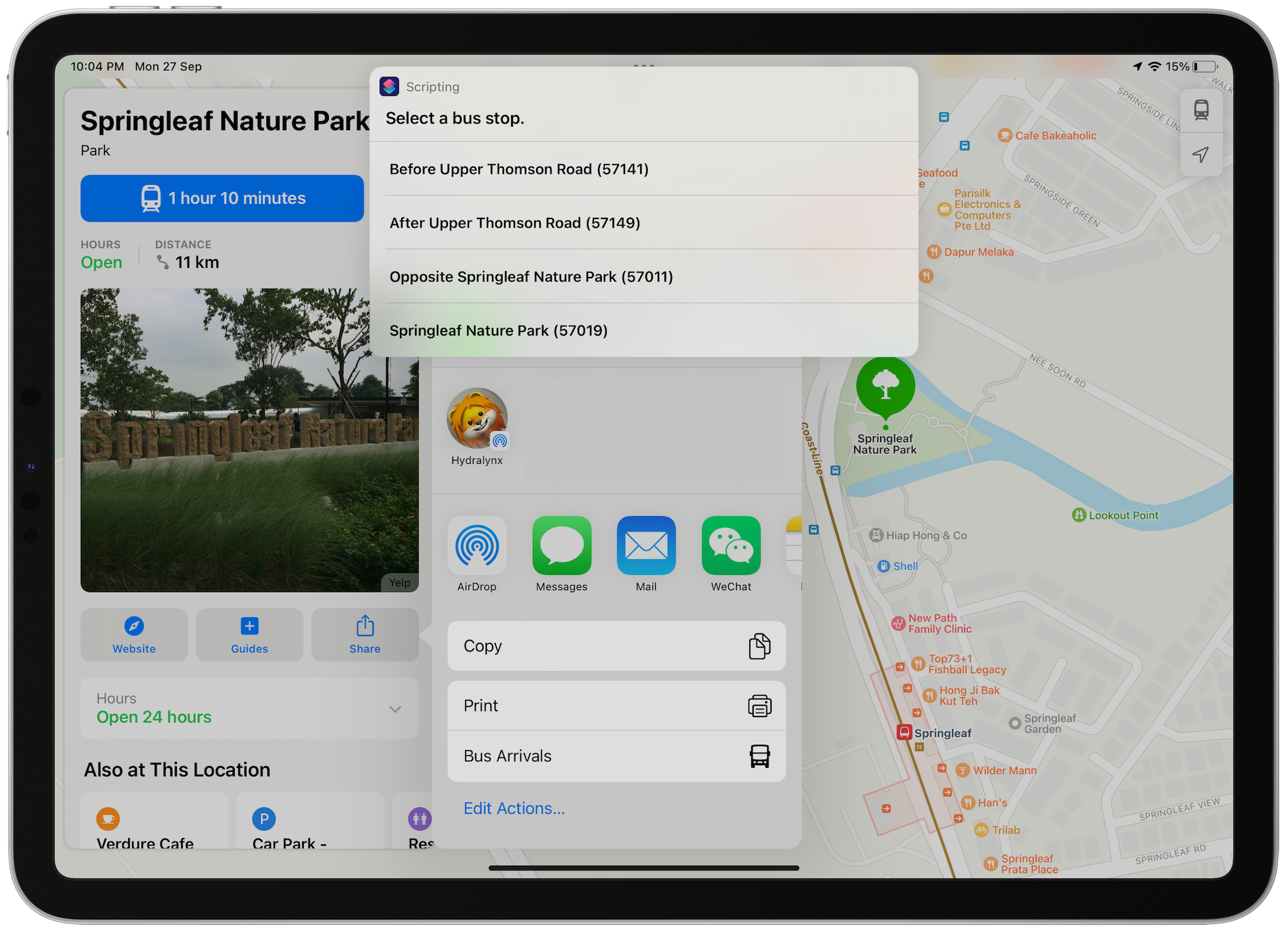 You can run bus arrivals from the Share Sheet for a place to find bus stops near that place and get bus arrival information.