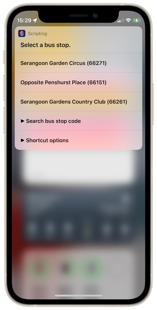 The shortcut finds bus stops near you so you can quickly select a bus stop.