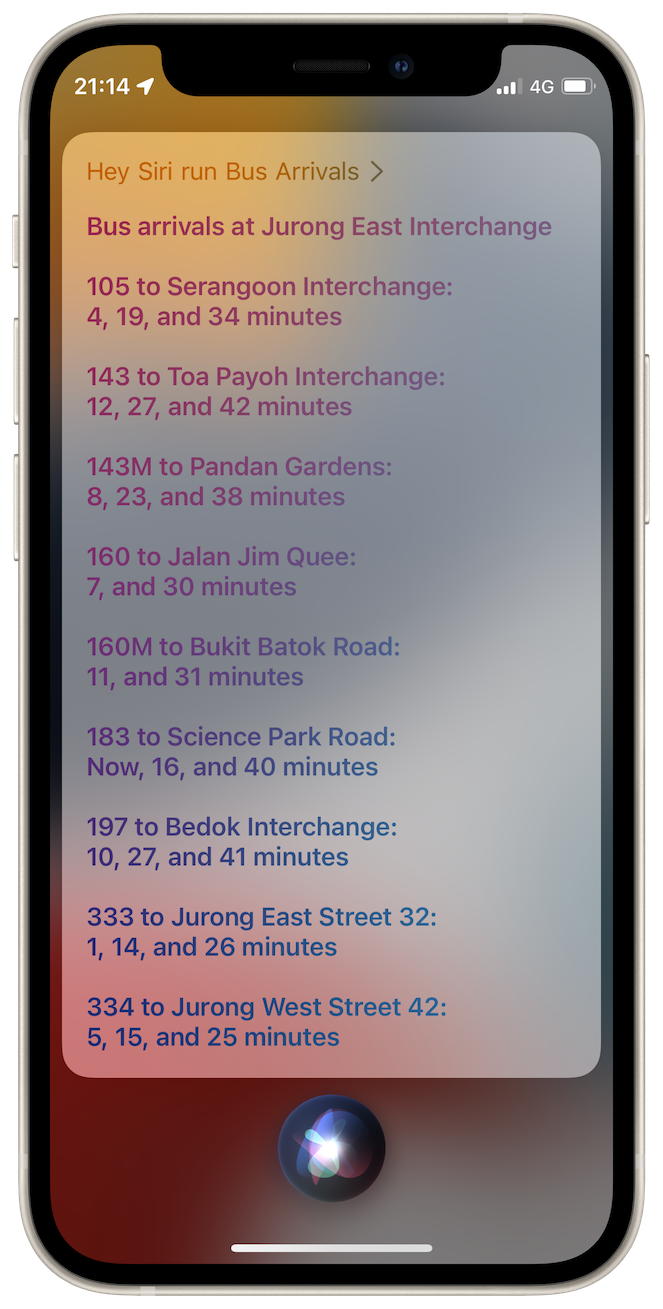 Siri will read back the bus arrival information for the stop selected.